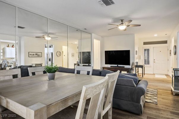 Dining room, Interior, Living room, Recessed Lighting, Wood Texture Flooring