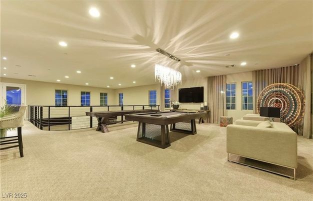Billiard Table, Chandelier, Game Room, Interior, Recessed Lighting