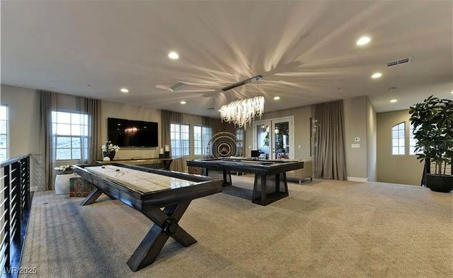 Billiard Table, Chandelier, Game Room, Interior, Recessed Lighting