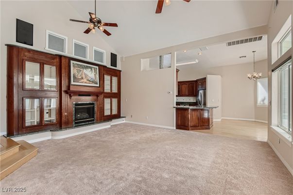 Chandelier, Empty room, Fireplace, Interior, Kitchen