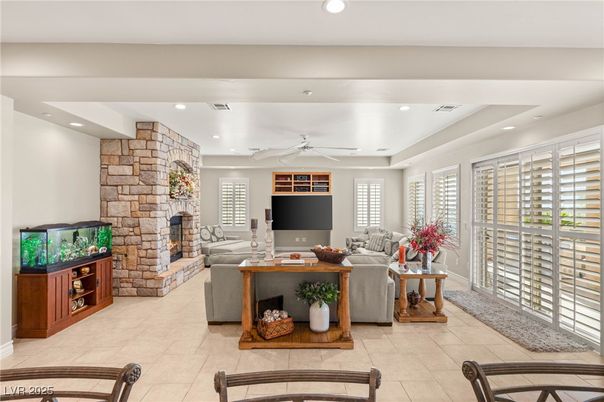 Fireplace, Interior, Living room, Recessed Lighting, Stone Walls
