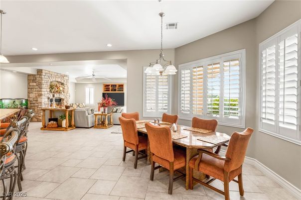 Dining room, Fireplace, Interior, Living room, Pendant Lights, Recessed Lighting, Stone Walls