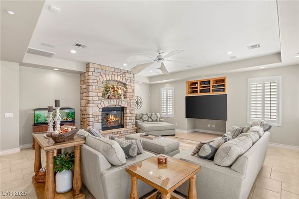Fireplace, Interior, Living room, Recessed Lighting, Stone Walls