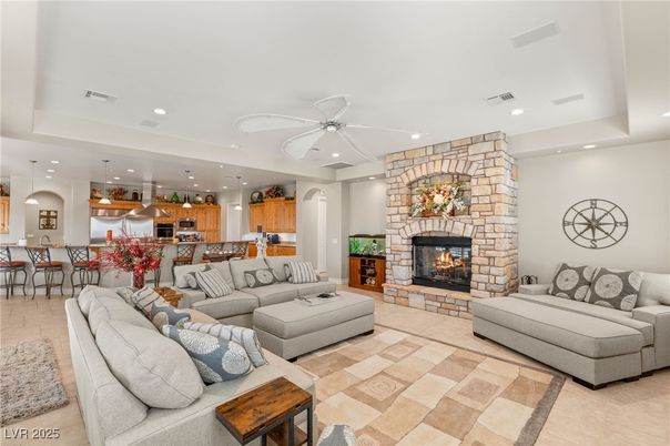 Fireplace, Interior, Kitchen, Living room, Pendant Lights, Recessed Lighting, Stone Walls