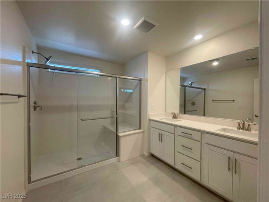 Bathroom, Dual Sink Vanities, Glass Shower, Interior, Recessed Lighting