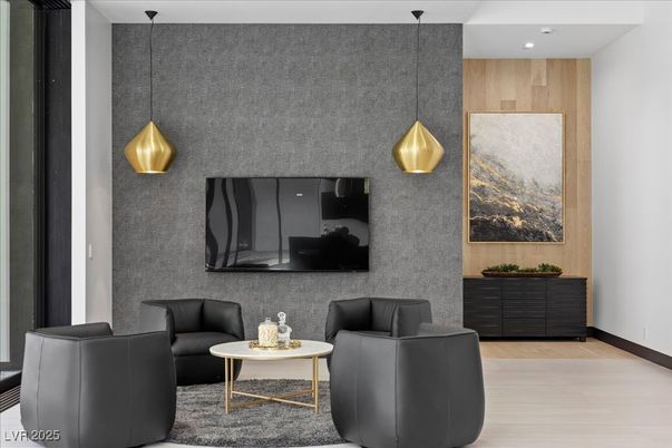 Interior, Living room, Pendant Lights, Recessed Lighting, Wood Texture Flooring