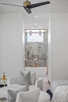 Bathroom, Free Standing Baths, Interior, Marble Walls, Recessed Lighting