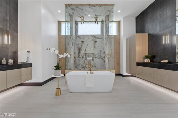 Bathroom, Free Standing Baths, Glass Shower, Interior, Marble Walls, Recessed Lighting