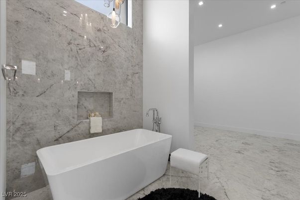 Bathroom, Free Standing Baths, Interior, Marble, Marble Walls, Recessed Lighting