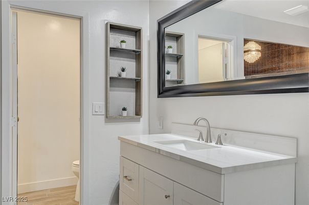 Bathroom, Interior, Tile Countertops, Wood Texture Flooring