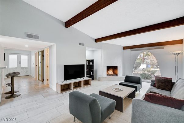 Fireplace, Interior, Living room, Recessed Lighting, Wooden Beams