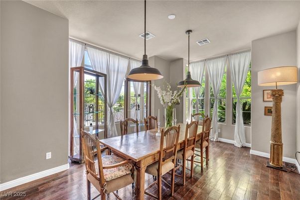 Dining room, Interior, Pendant Lights, Wood Texture Flooring