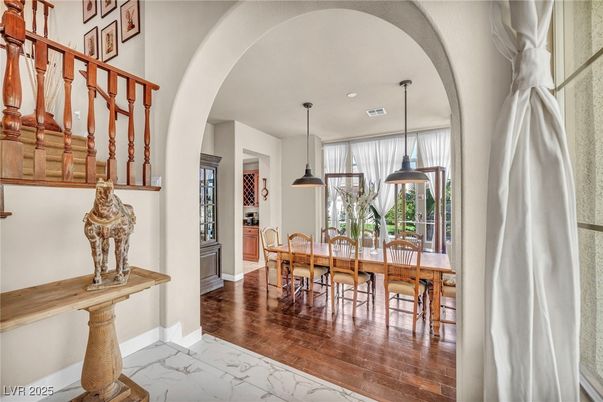 Dining room, Interior, Marble, Pendant Lights, Wood Texture Flooring