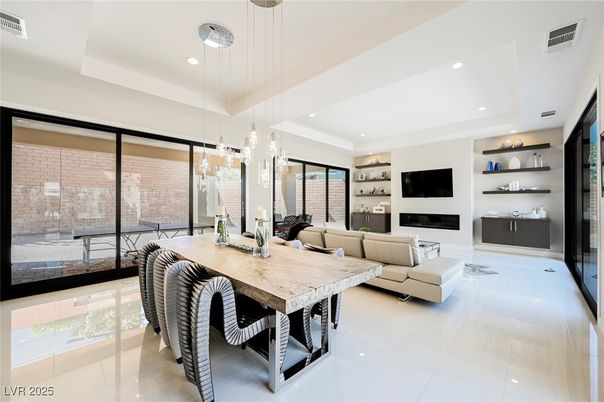 Dining room, Fireplace, Interior, Living room, Pendant Lights, Recessed Lighting