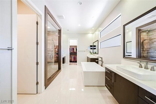 Bathroom, Dual Sink Vanities, Free Standing Baths, Glass Shower, Interior, Recessed Lighting