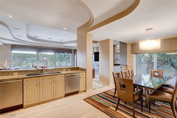 Dining room, Interior, Pendant Lights, Recessed Lighting, Wood Texture Flooring