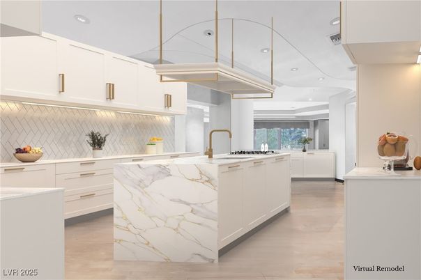 Interior, Kitchen, Marble Walls, Recessed Lighting, Wood Texture Flooring