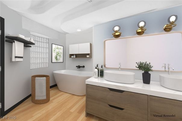 Bathroom, Dual Sink Vanities, Free Standing Baths, Interior, Wood Texture Flooring
