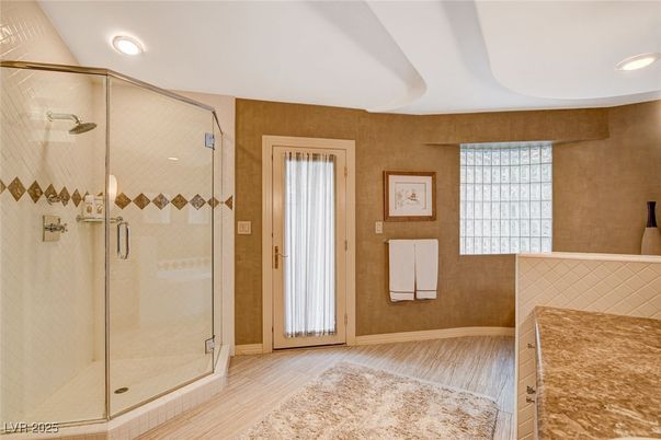 Bathroom, Glass Shower, Interior, Recessed Lighting, Wood Texture Flooring