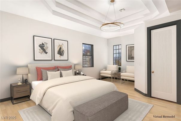 Bedroom, Interior, Pendant Lights, Wood Texture Flooring
