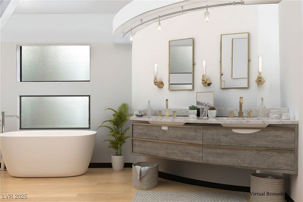 Bathroom, Dual Sink Vanities, Free Standing Baths, Interior, Wood Texture Flooring