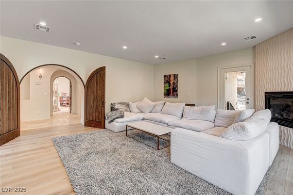 Fireplace, Interior, Living room, Recessed Lighting, Wood Texture Flooring