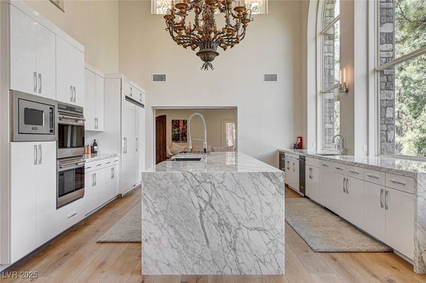 Chandelier, Interior, Kitchen, Marble Walls, Stainless Steel Appliances, Wood Texture Flooring