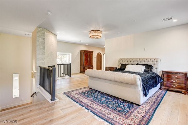 Bedroom, Chandelier, Interior, Recessed Lighting, Wood Texture Flooring