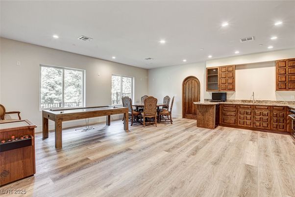 Billiard Table, Dining room, Game Room, Interior, Recessed Lighting, Wood Texture Flooring