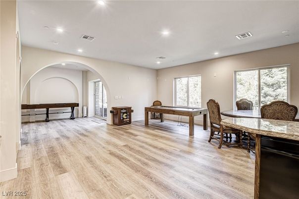 Dining room, Game Room, Interior, Recessed Lighting, Wood Texture Flooring