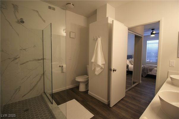 Bathroom, Bedroom, Glass Shower, Interior, Marble Walls, Wood Texture Flooring