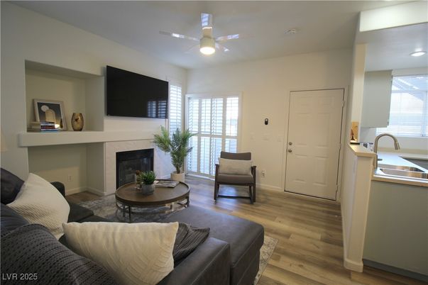Fireplace, Interior, Living room, Recessed Lighting, Wood Texture Flooring