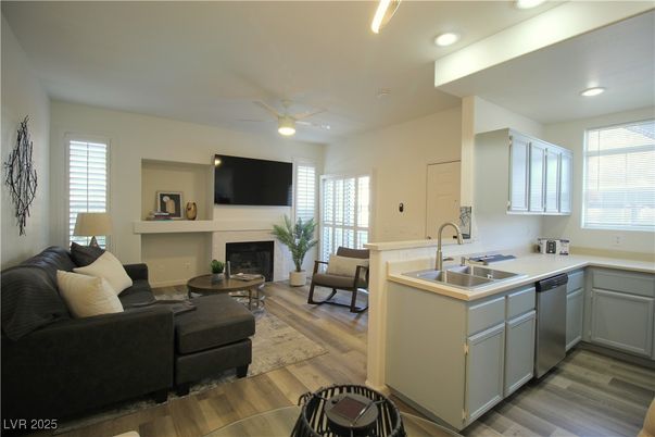 Fireplace, Interior, Kitchen, Living room, Recessed Lighting, Wood Texture Flooring