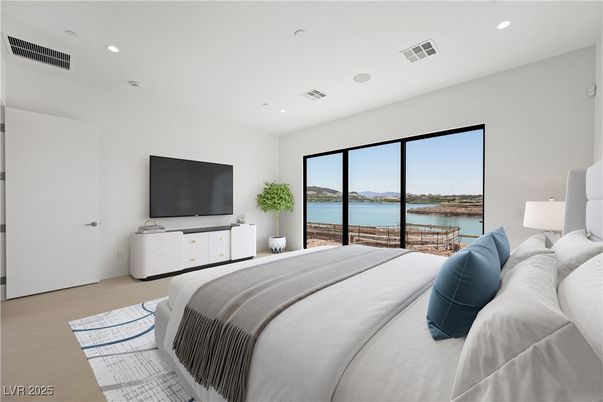Bedroom, Interior, Recessed Lighting, Water, Wood Texture Flooring