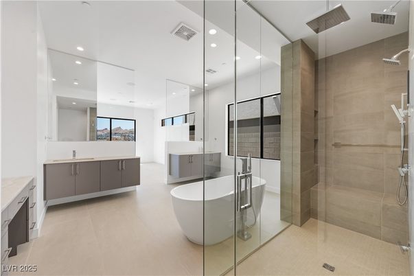 Bathroom, Dual Sink Vanities, Free Standing Baths, Glass Shower, Interior, Recessed Lighting