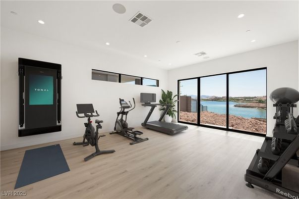 Fitness Equipment, Interior, Recessed Lighting, Water, Wood Texture Flooring