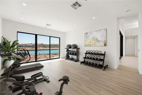 Fitness Equipment, Interior, Recessed Lighting, Water, Wood Texture Flooring