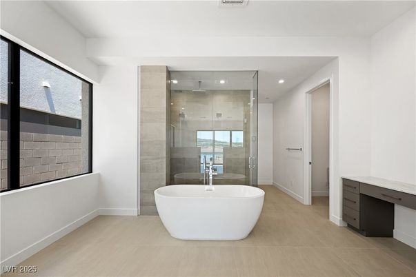 Bathroom, Free Standing Baths, Glass Shower, Interior, Recessed Lighting