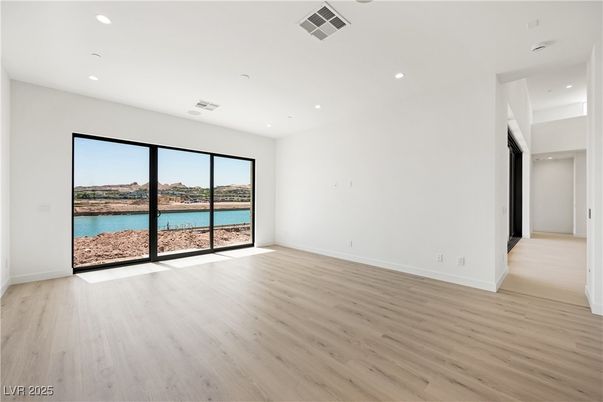 Empty room, Interior, Recessed Lighting, Water, Wood Texture Flooring