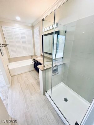 Bathroom, Glass Shower, Interior, Recessed Lighting, Wood Texture Flooring