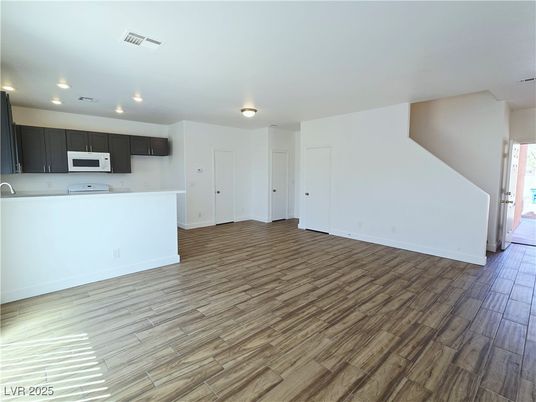 Empty room, Interior, Kitchen, Recessed Lighting, Wood Texture Flooring