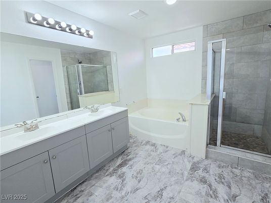 Bathroom, Dual Sink Vanities, Glass Shower, Interior, Marble, Recessed Lighting