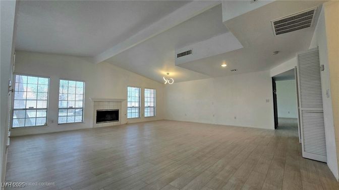 Empty room, Fireplace, Interior, Recessed Lighting, Wood Texture Flooring