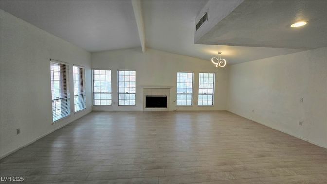 Empty room, Fireplace, Interior, Recessed Lighting, Wood Texture Flooring
