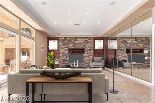 Fireplace, Interior, Living room, Recessed Lighting, Stone Walls