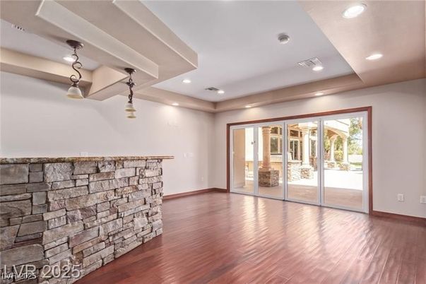 Empty room, Interior, Pendant Lights, Recessed Lighting, Stone Walls, Wood Texture Flooring