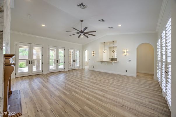 Empty room, Interior, Pendant Lights, Recessed Lighting, Wood Texture Flooring