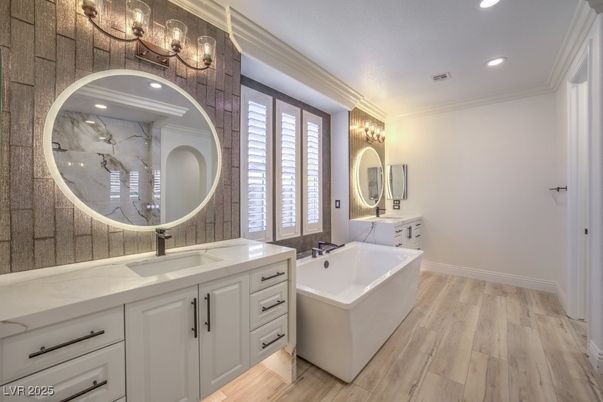Bathroom, Dual Sink Vanities, Free Standing Baths, Interior, Recessed Lighting, Wood Texture Flooring