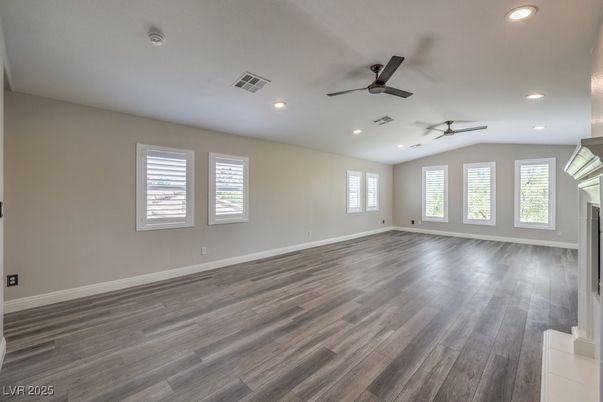 Empty room, Fireplace, Interior, Recessed Lighting, Wood Texture Flooring