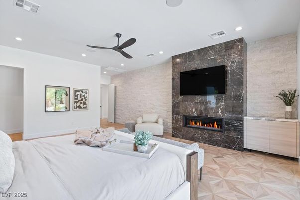 Bedroom, Fireplace, Interior, Marble Walls, Recessed Lighting
